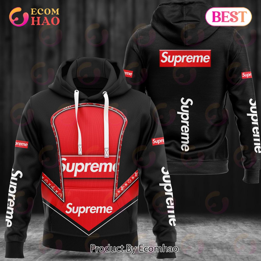 Louis vuitton supreme black red luxury brand hoodie for men women luxury hoodie outfit for fall outfit Luxury Items