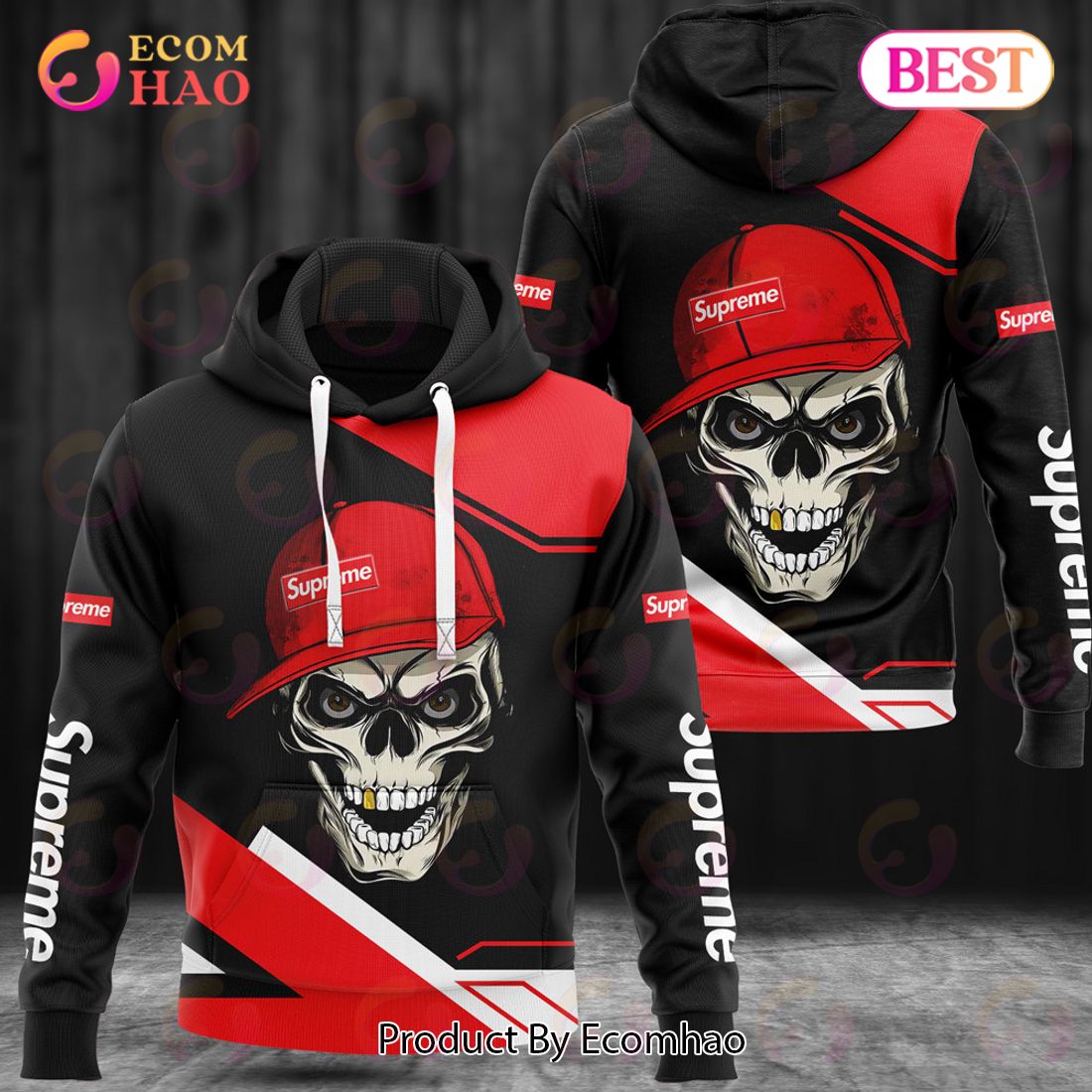 Supreme Skull Wearing Hat Black Luxury Brand Premium Hoodie For Men Women