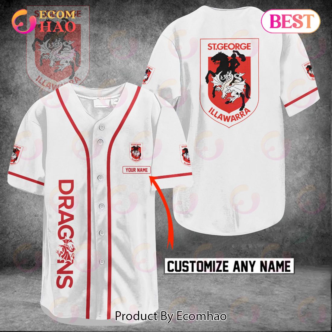 NRL St. George Illawarra Dragons Custom Name Baseball Jersey