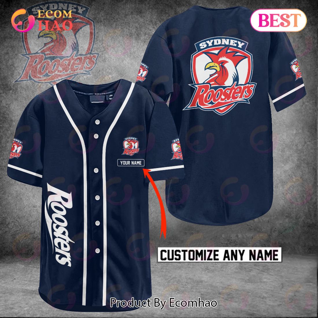 NRL Sydney Roosters Custom Name Baseball Jersey