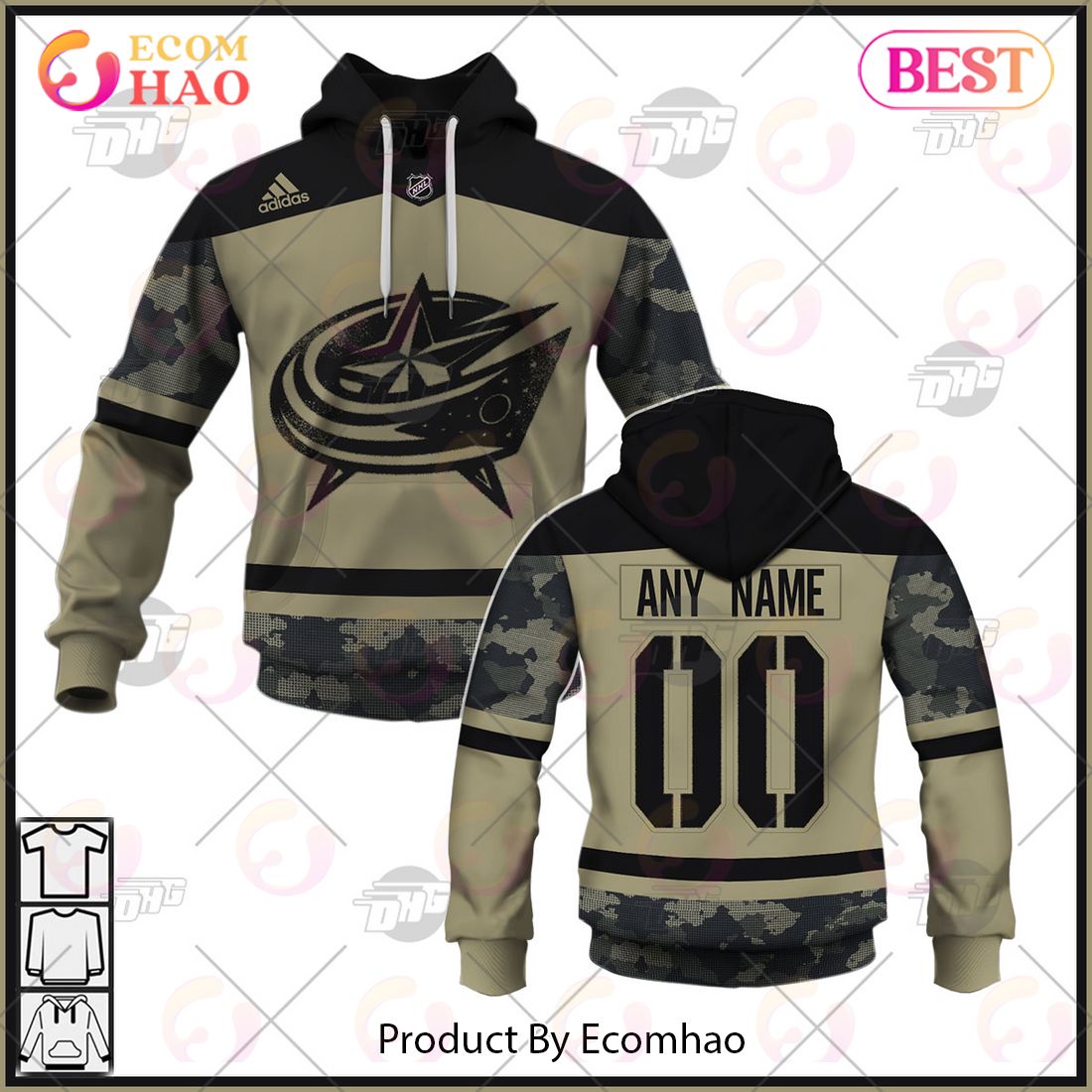 NHL Columbus Blue Jackets Camo Military Appreciation Team Authentic Custom Practice Jersey 3D Hoodie