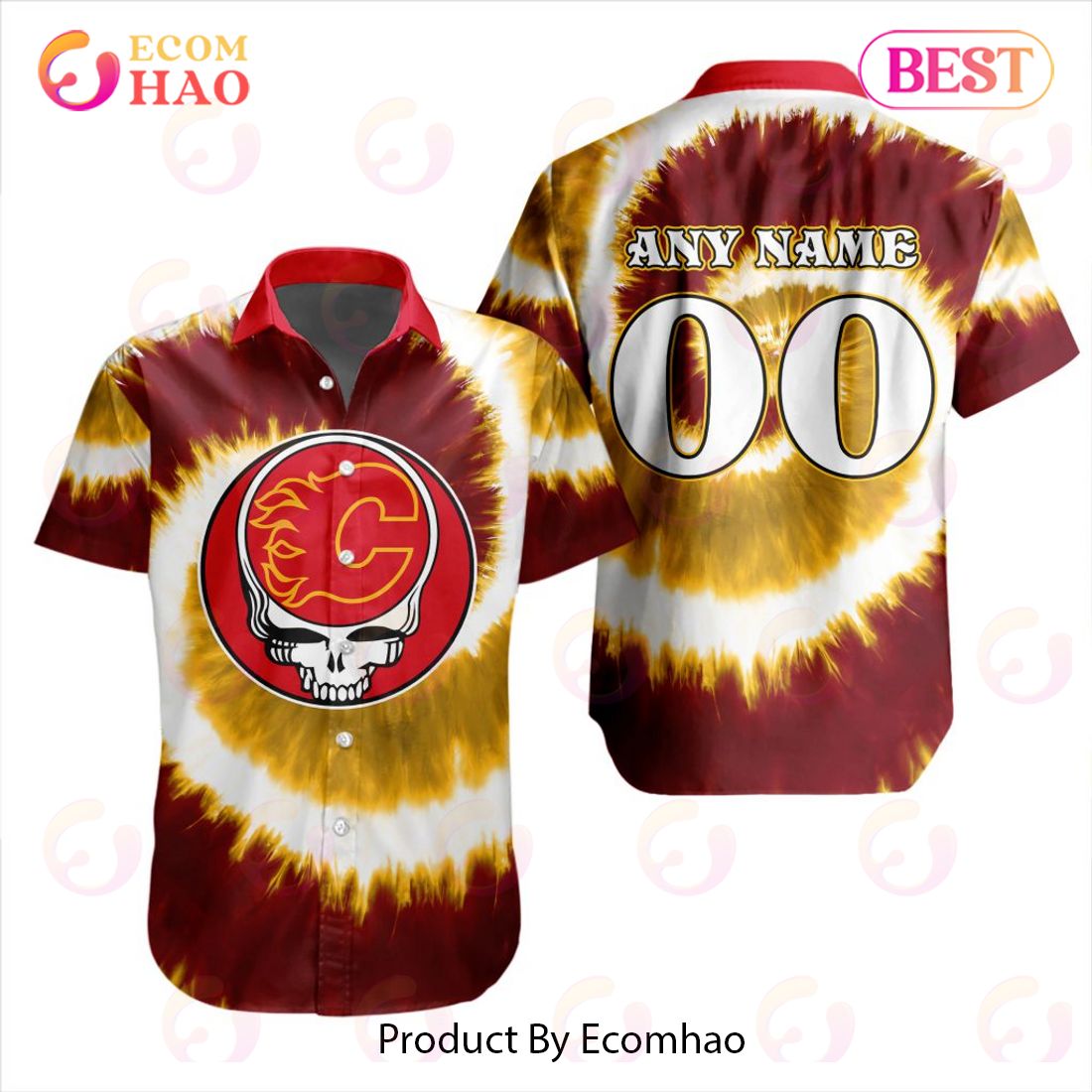 NHL Calgary Flames Special Grateful Dead Tie-Dye Design Button Shirt Polo Shirt