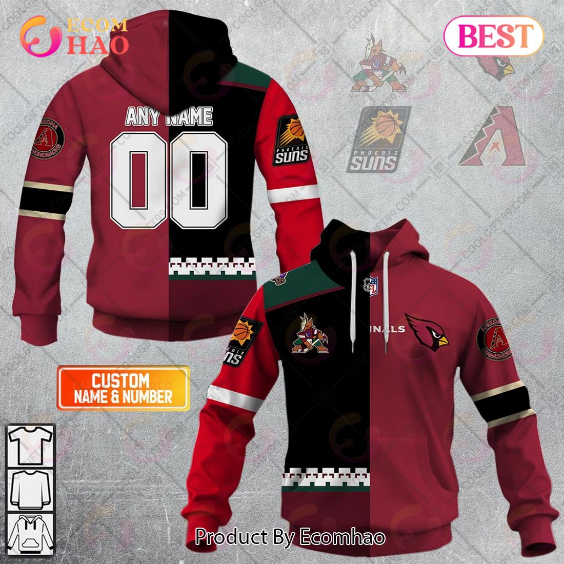 Personalized Arizona Coyotes, Arizona Cardinals, Arizona Diamondbacks, Phoenix Suns Mix Jersey Style 3D Hoodie