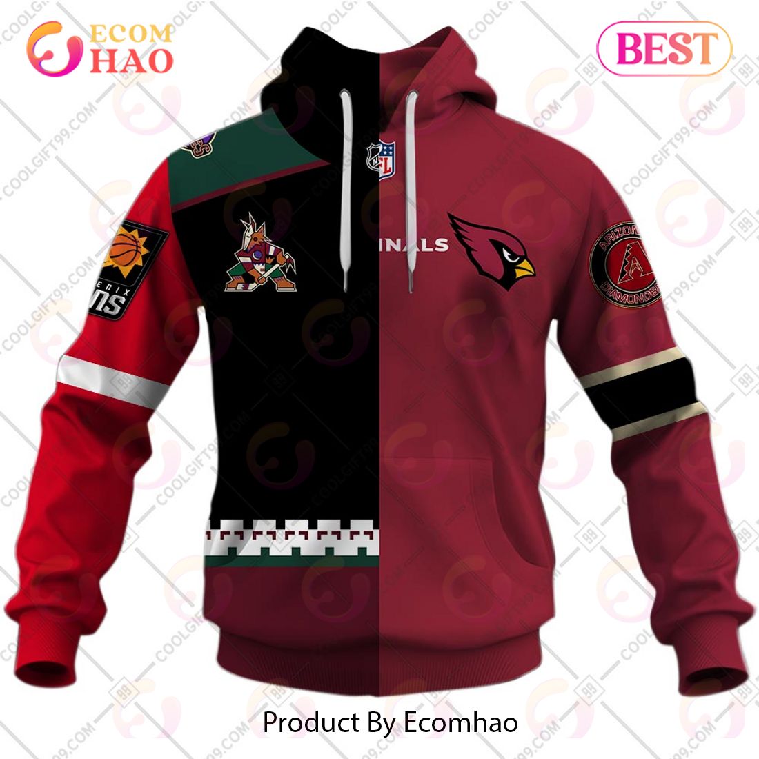 Personalized Arizona Coyotes, Arizona Cardinals, Arizona Diamondbacks, Phoenix Suns Mix Jersey Style 3D Hoodie