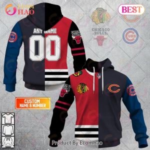 Personalized Chicago Blackhawks, Chicago Bears, Chicago Cubs, Chicago Bulls Mix Jersey Style 3D Hoodie
