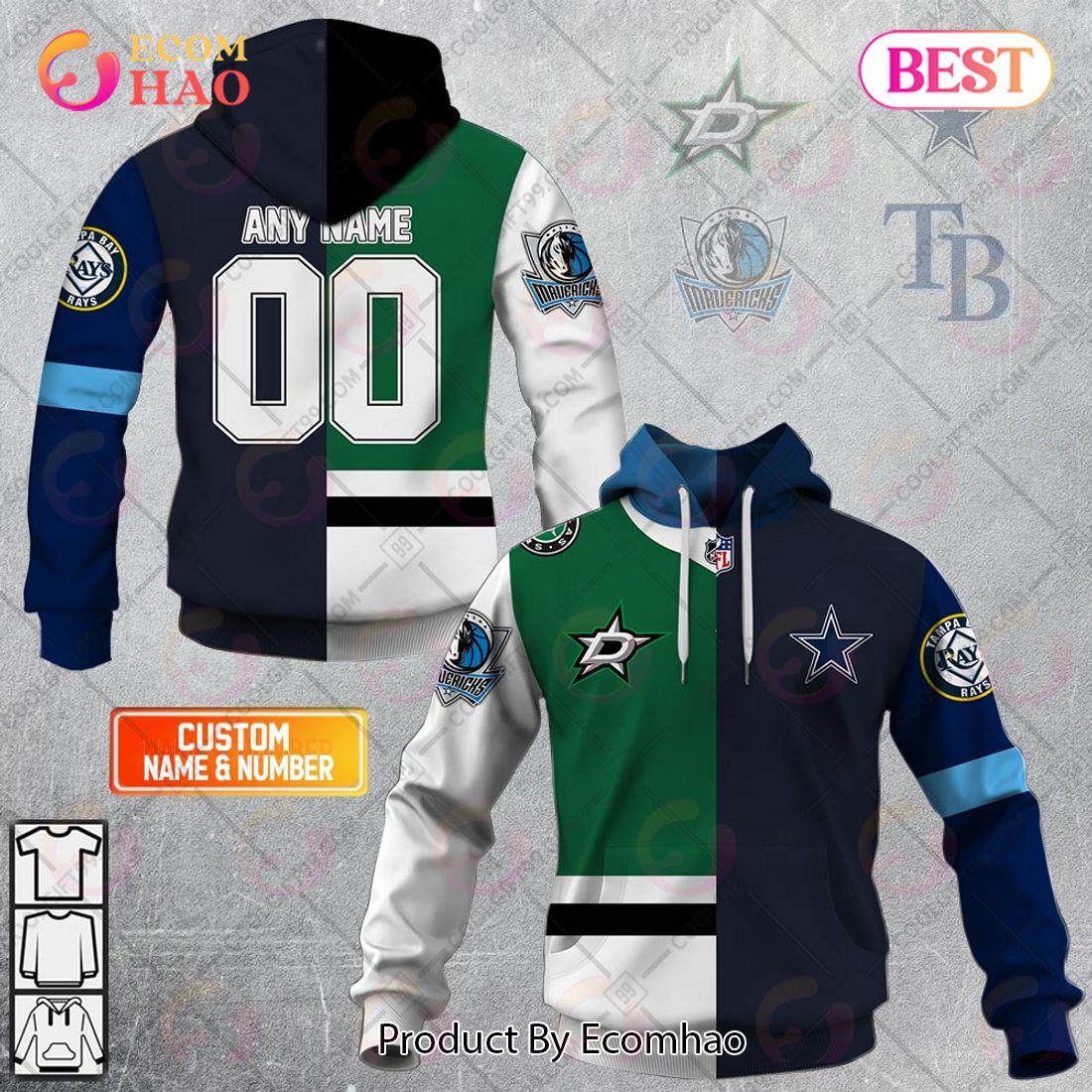 Personalized Dallas Stars, Dallas Cowboys, Texas Rangers, Dallas Mavericks Mix Jersey Style 3D Hoodie