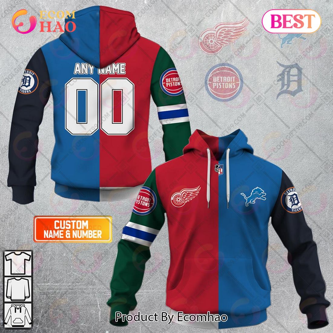 Personalized Detroit Red Wings, Detroit Lions, Detroit Tigers, Detroit Pistons Mix Jersey Style 3D Hoodie