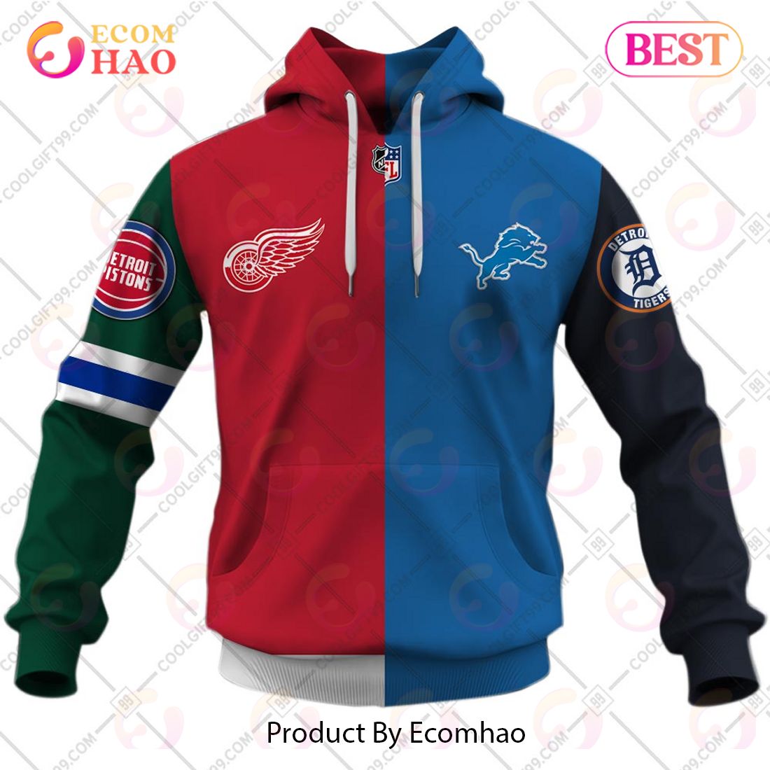 Personalized Detroit Red Wings, Detroit Lions, Detroit Tigers, Detroit Pistons Mix Jersey Style 3D Hoodie