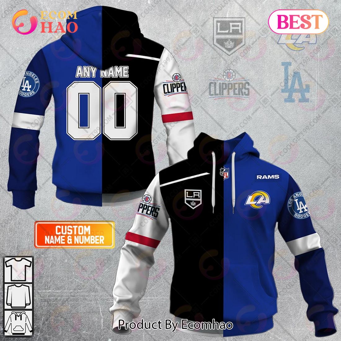 Personalized Los Angeles Kings, Los Angeles Rams, Los Angeles Dodgers, Los Angeles Clippers Mix Jersey Style 3D Hoodie