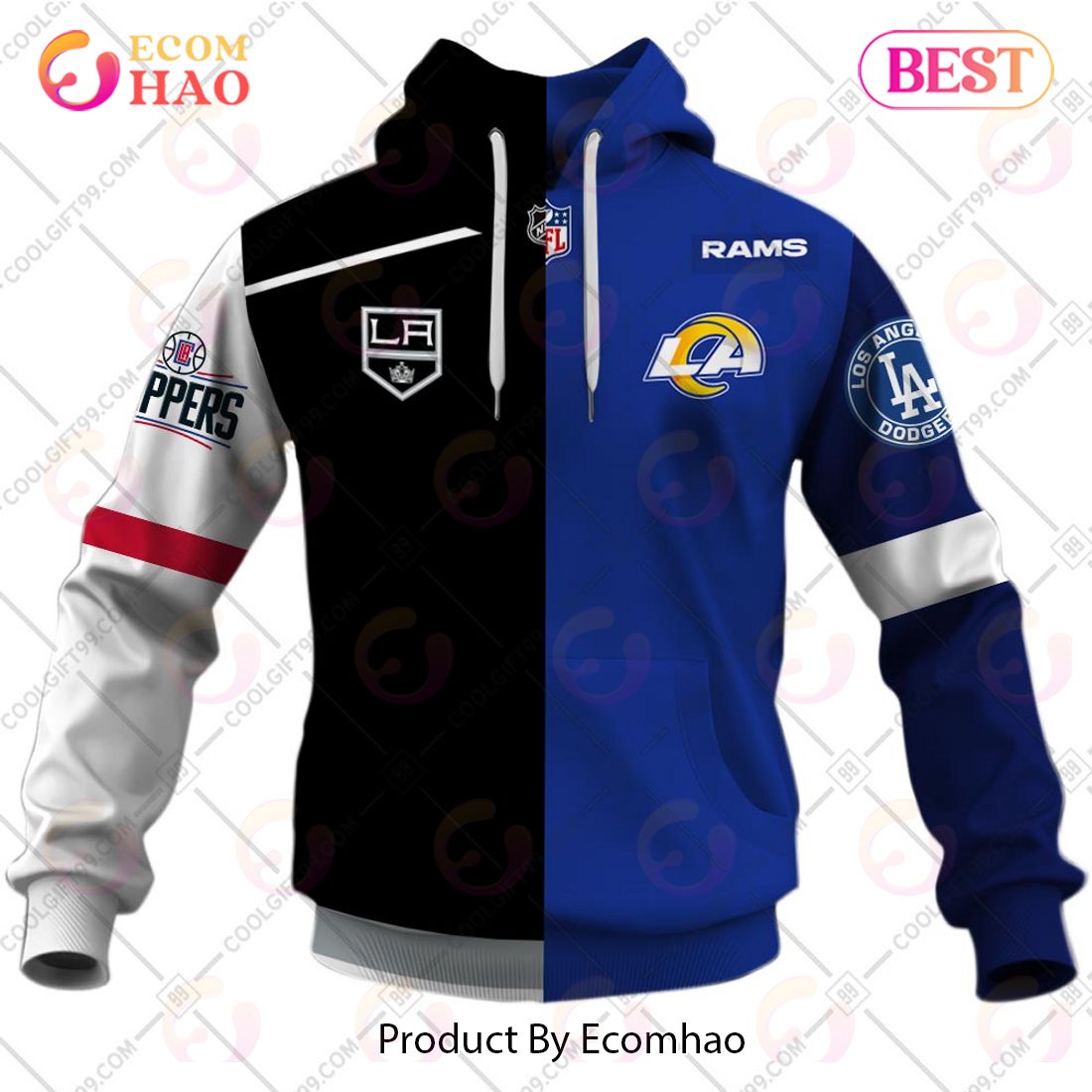 Personalized Los Angeles Kings, Los Angeles Rams, Los Angeles Dodgers, Los Angeles Clippers Mix Jersey Style 3D Hoodie