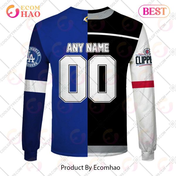 Personalized Los Angeles Kings, Los Angeles Rams, Los Angeles Dodgers, Los Angeles Clippers Mix Jersey Style 3D Hoodie
