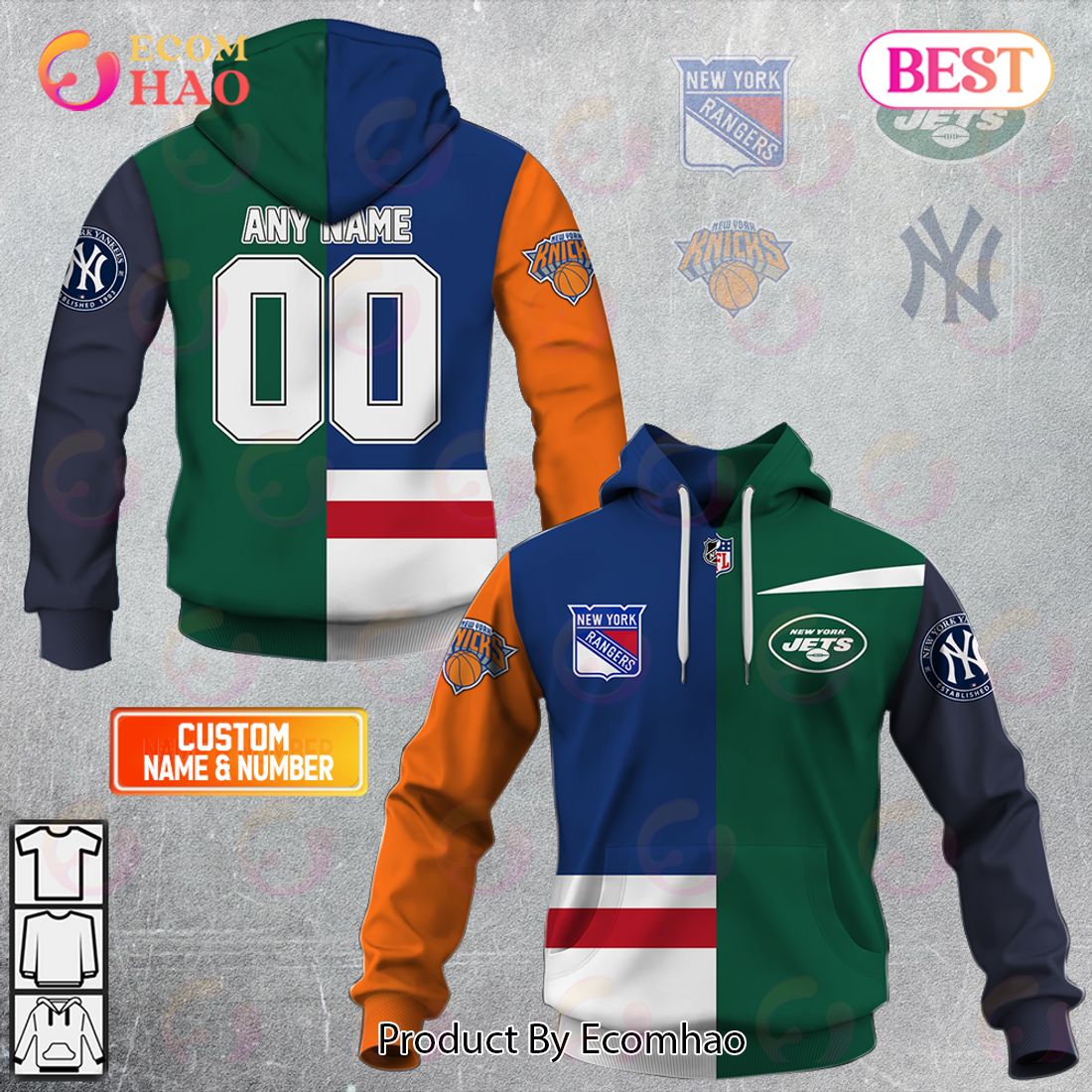 Personalized New York Rangers, New York Jets, New York Yankees, New York Knicks Mix Jersey Style 3D Hoodie