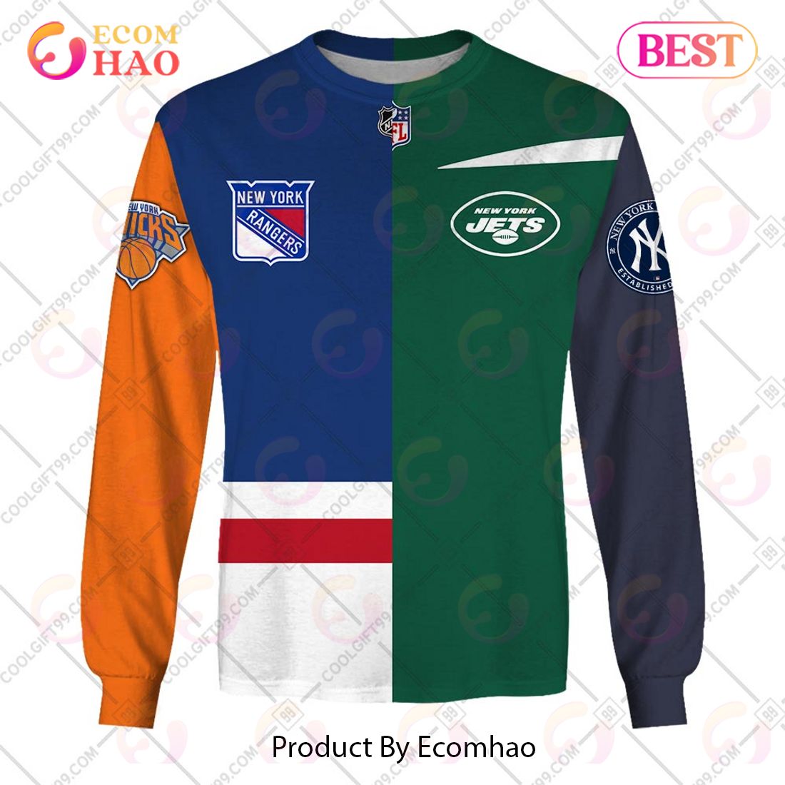 Personalized New York Rangers, New York Jets, New York Yankees, New York Knicks Mix Jersey Style 3D Hoodie