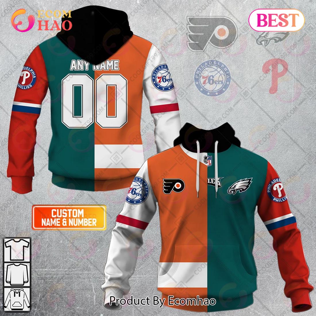 Personalized Philadelphia Flyers, Philadelphia Eagles, Philadelphia Phillies, Philadelphia 76ers Mix Jersey Style 3D Hoodie