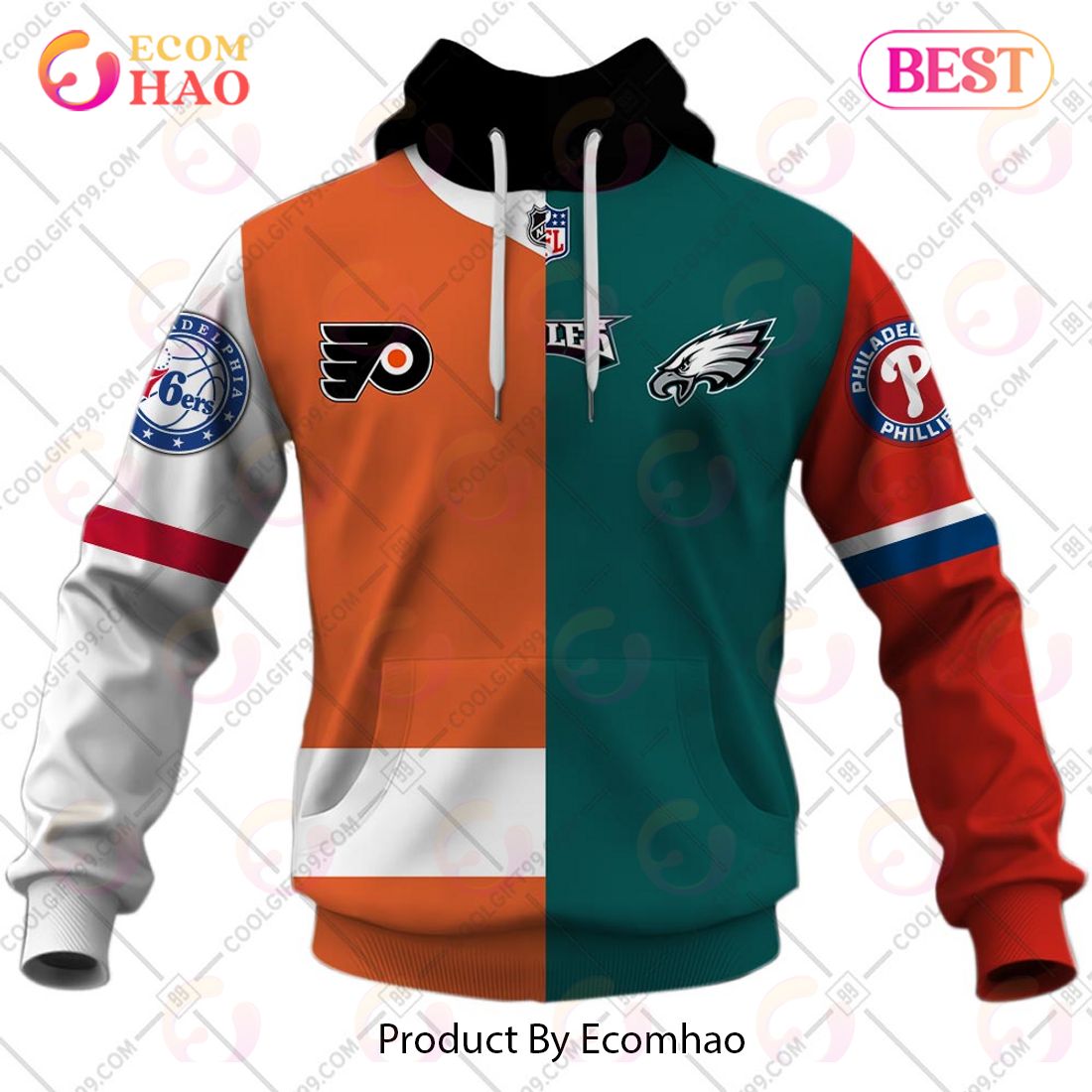 Personalized Philadelphia Flyers, Philadelphia Eagles, Philadelphia Phillies, Philadelphia 76ers Mix Jersey Style 3D Hoodie