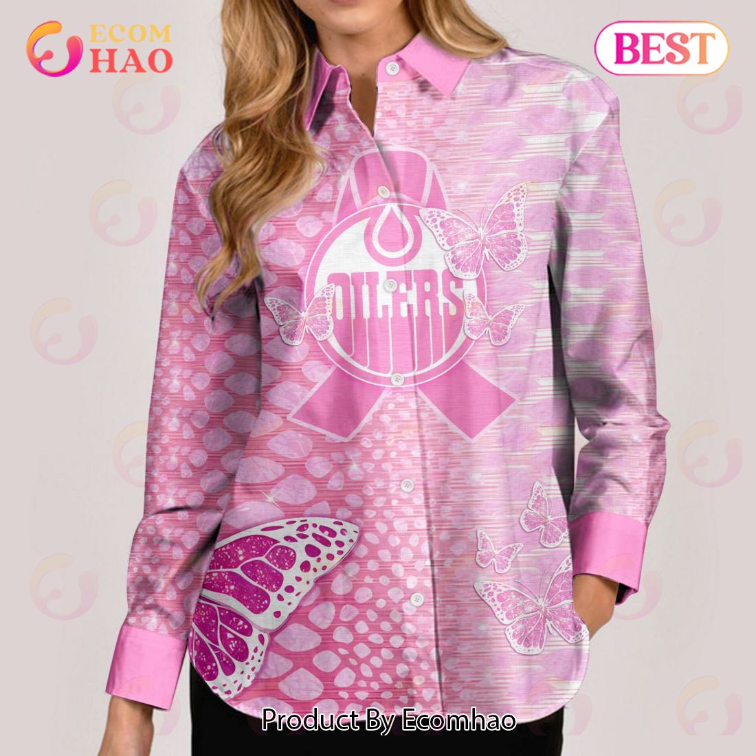 NHL Edmonton Oilers Special Pink Fight Breast Cancer Woman Casual Shirt