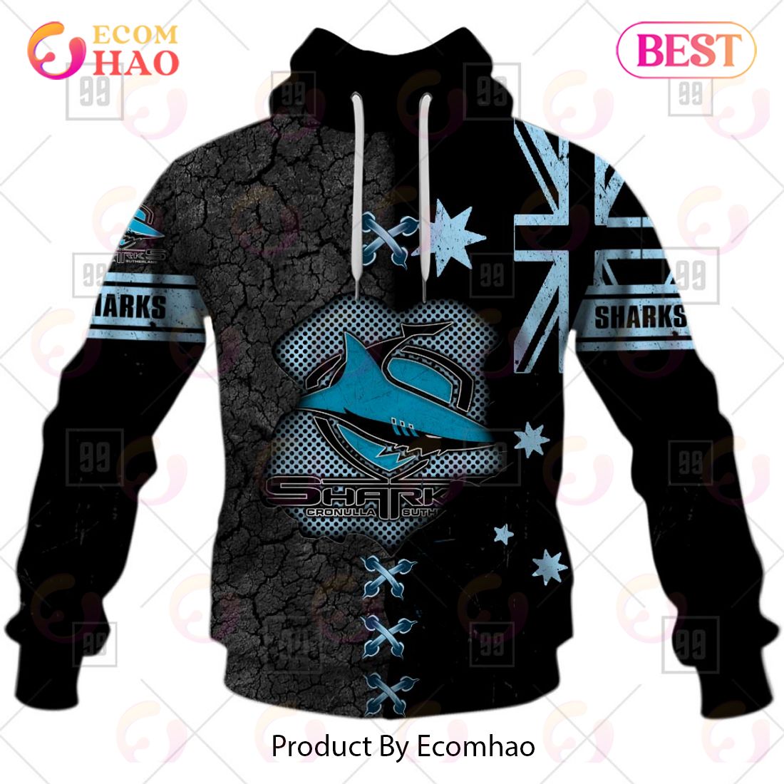 Personalized NRL Cronulla Sutherland Sharks Flag Hoodie All Over Print