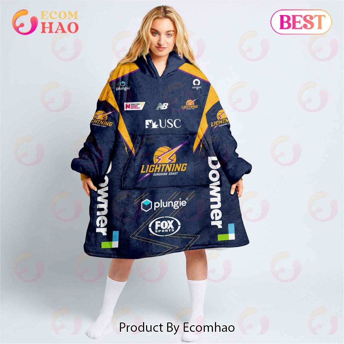 Personalized Netball Sunshine Coast Lightning Oodie, Flanket, Blanket Hoodie, Snuggie