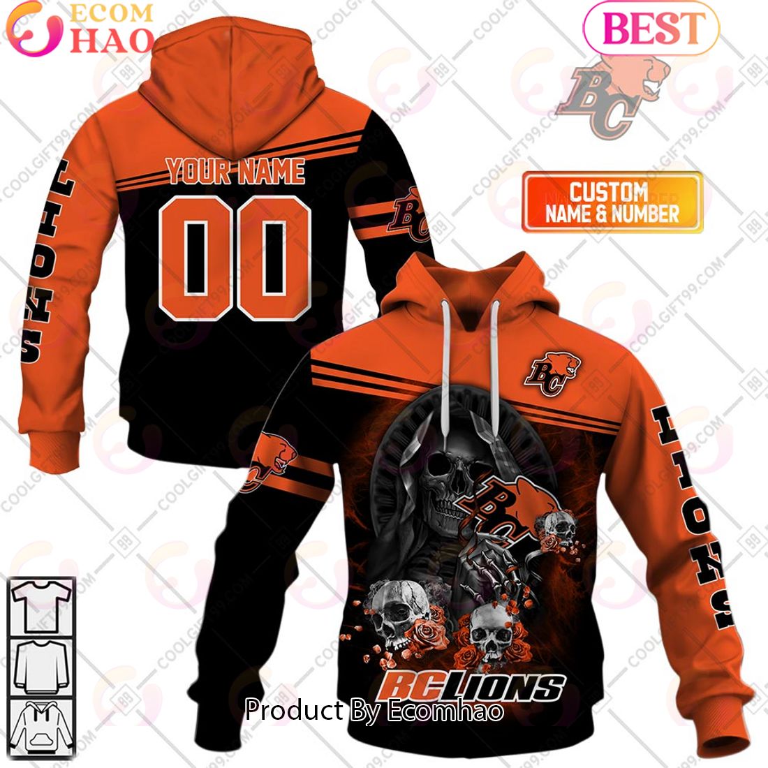 Personalized CFL BC Lions Skull Death Art 3D Hoodie