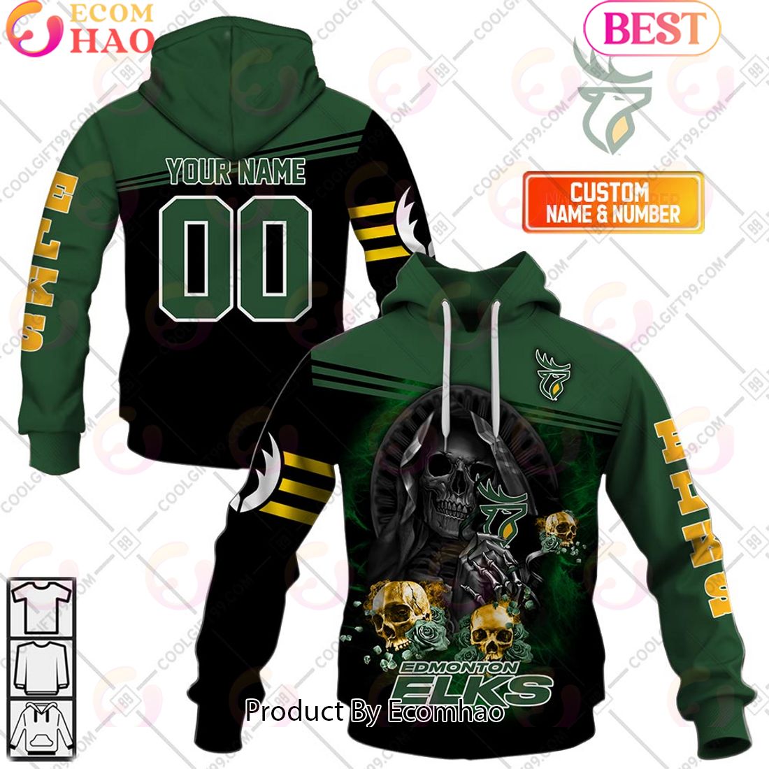 Personalized CFL Edmonton Elks Skull Death Art 3D Hoodie