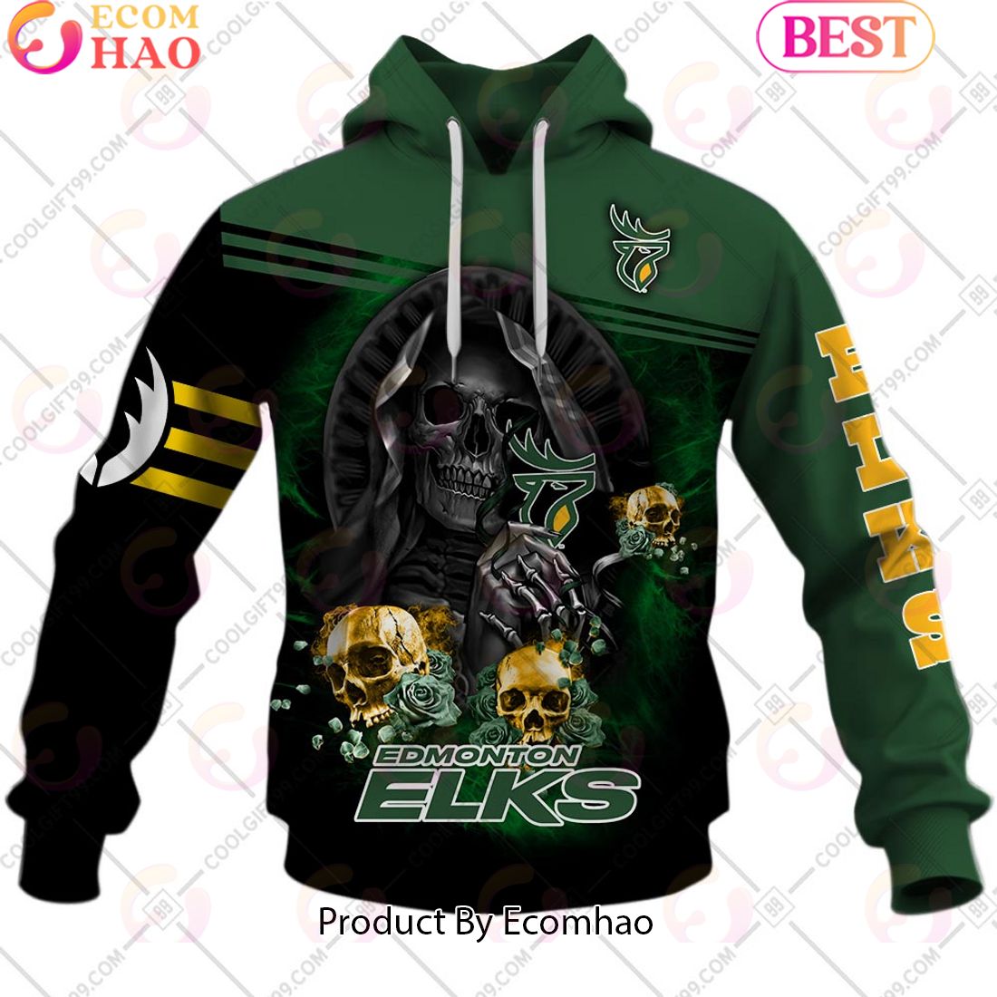 Personalized CFL Edmonton Elks Skull Death Art 3D Hoodie