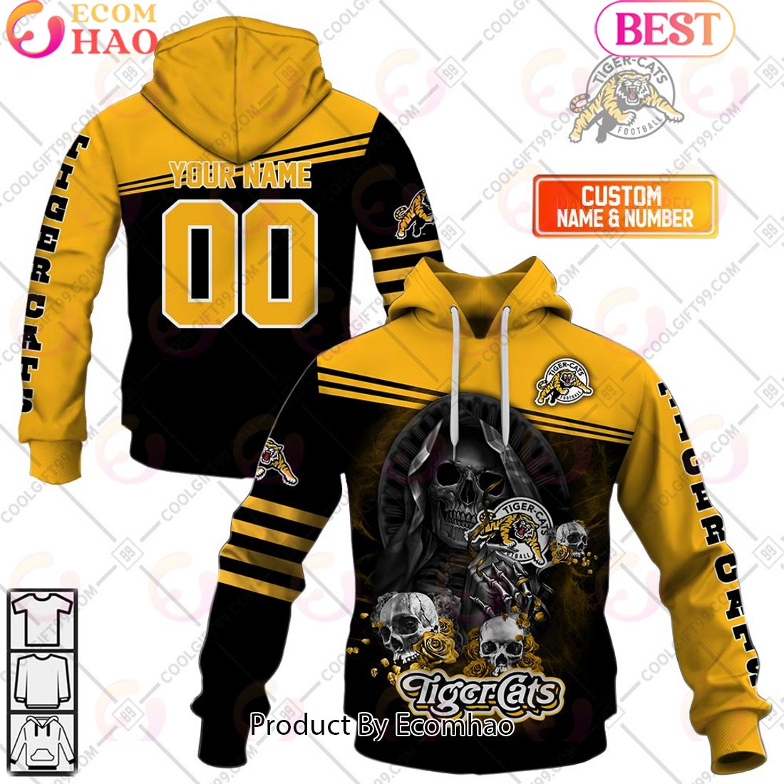 Personalized CFL Hamilton Tiger Cats Skull Death Art 3D Hoodie