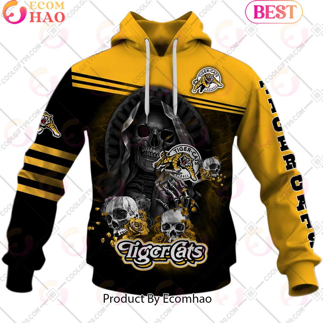 Personalized CFL Hamilton Tiger Cats Skull Death Art 3D Hoodie