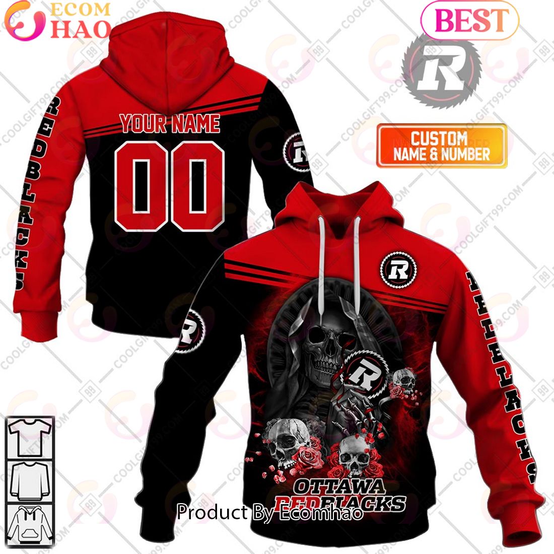 Personalized CFL Ottawa Redblacks Skull Death Art 3D Hoodie