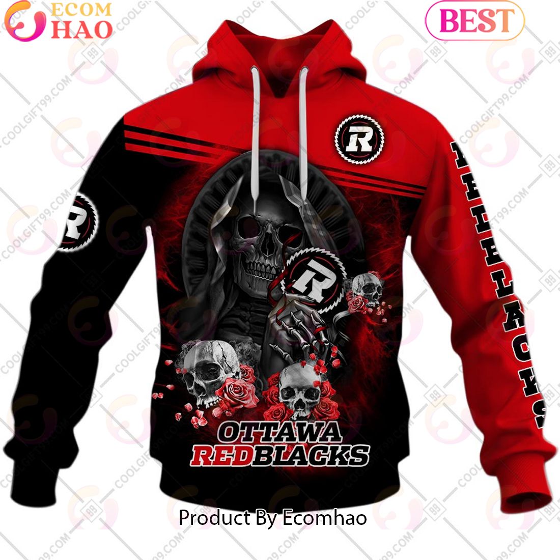 Personalized CFL Ottawa Redblacks Skull Death Art 3D Hoodie