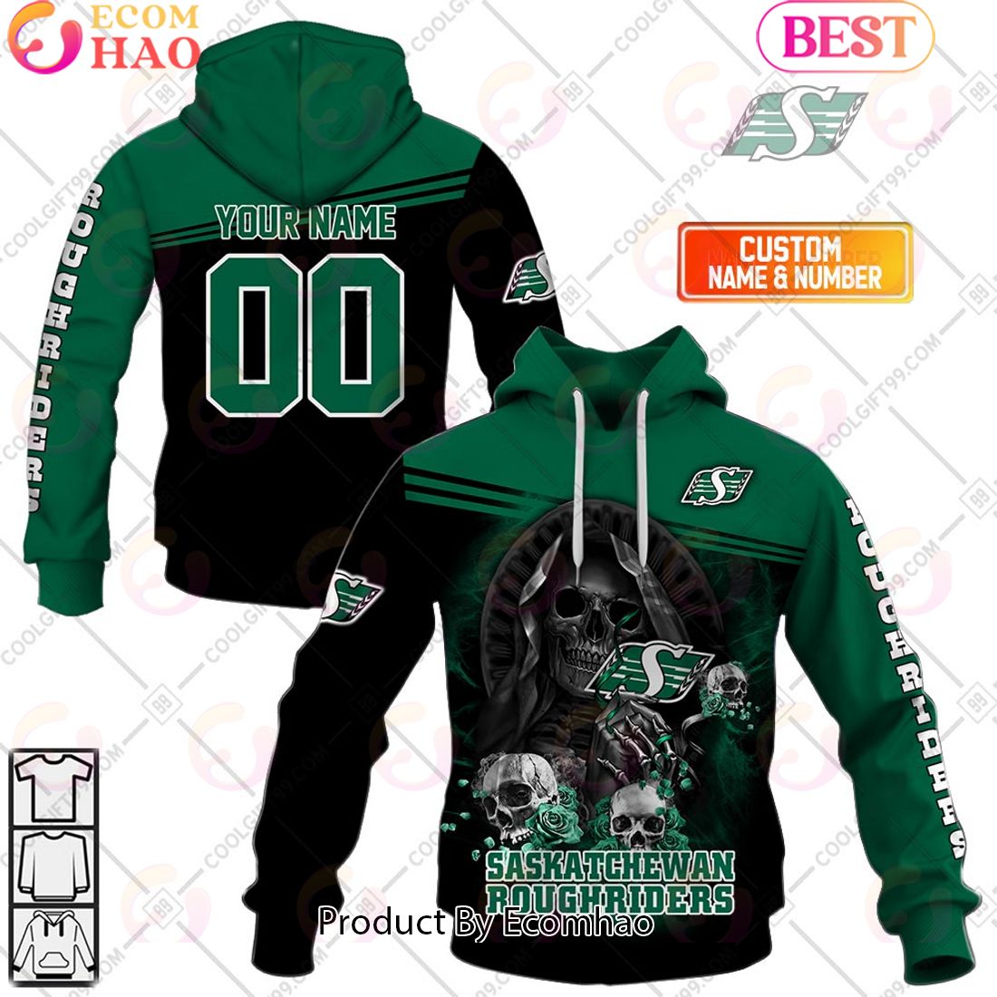 Personalized CFL Saskatchewan Roughriders Skull Death Art 3D Hoodie