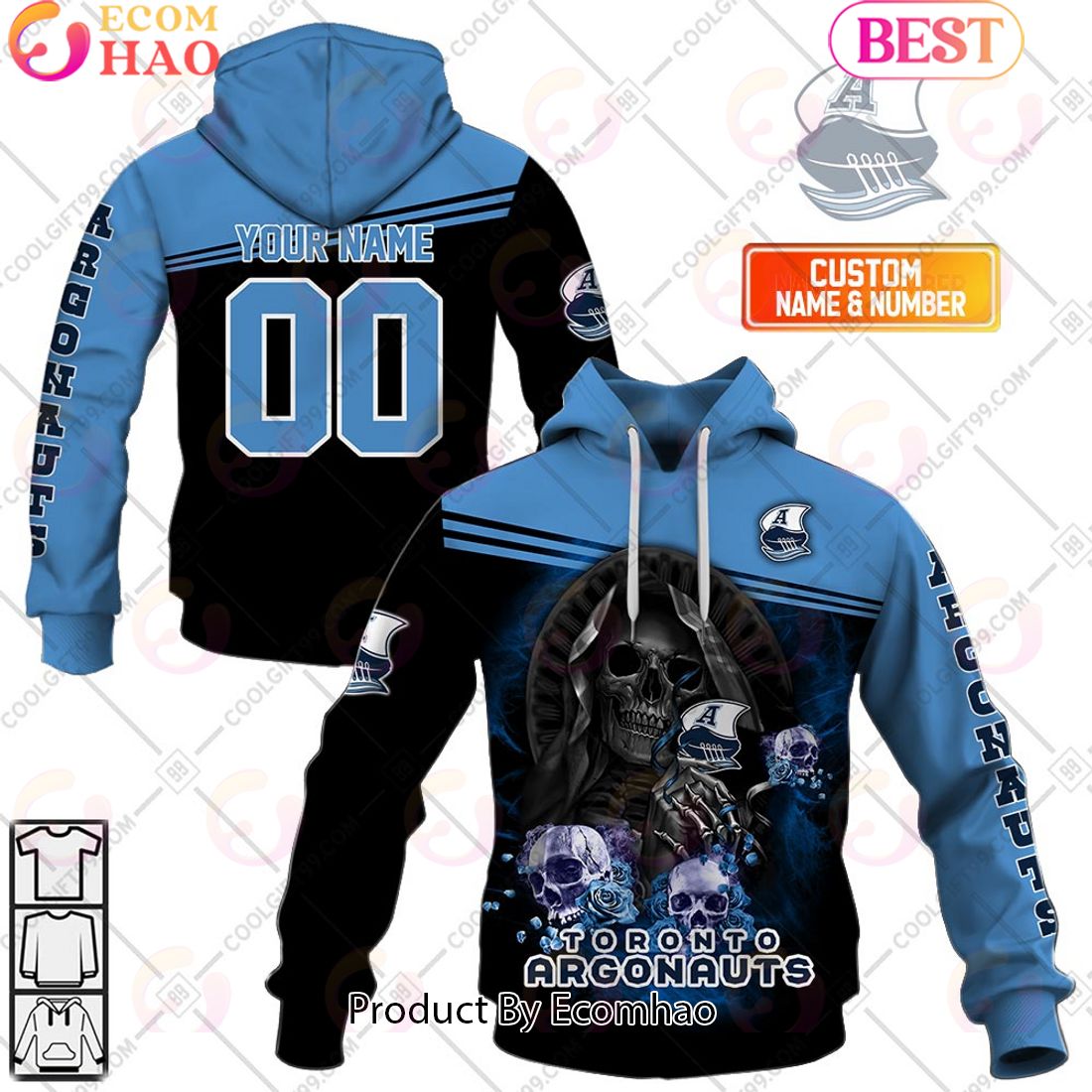 Personalized CFL Toronto Argonauts Skull Death Art 3D Hoodie