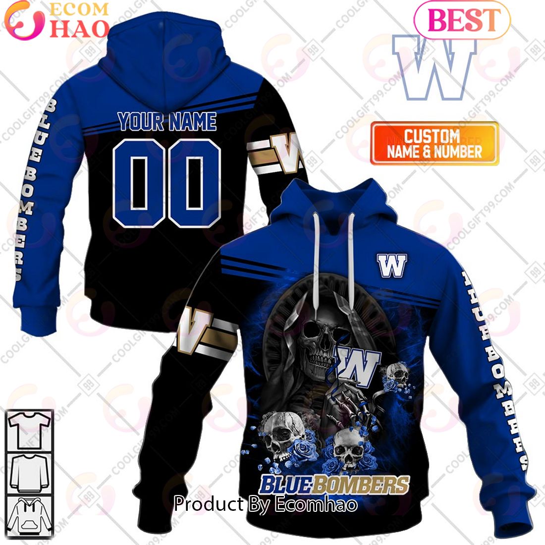 Personalized CFL Winnipeg Blue Bombers Skull Death Art 3D Hoodie