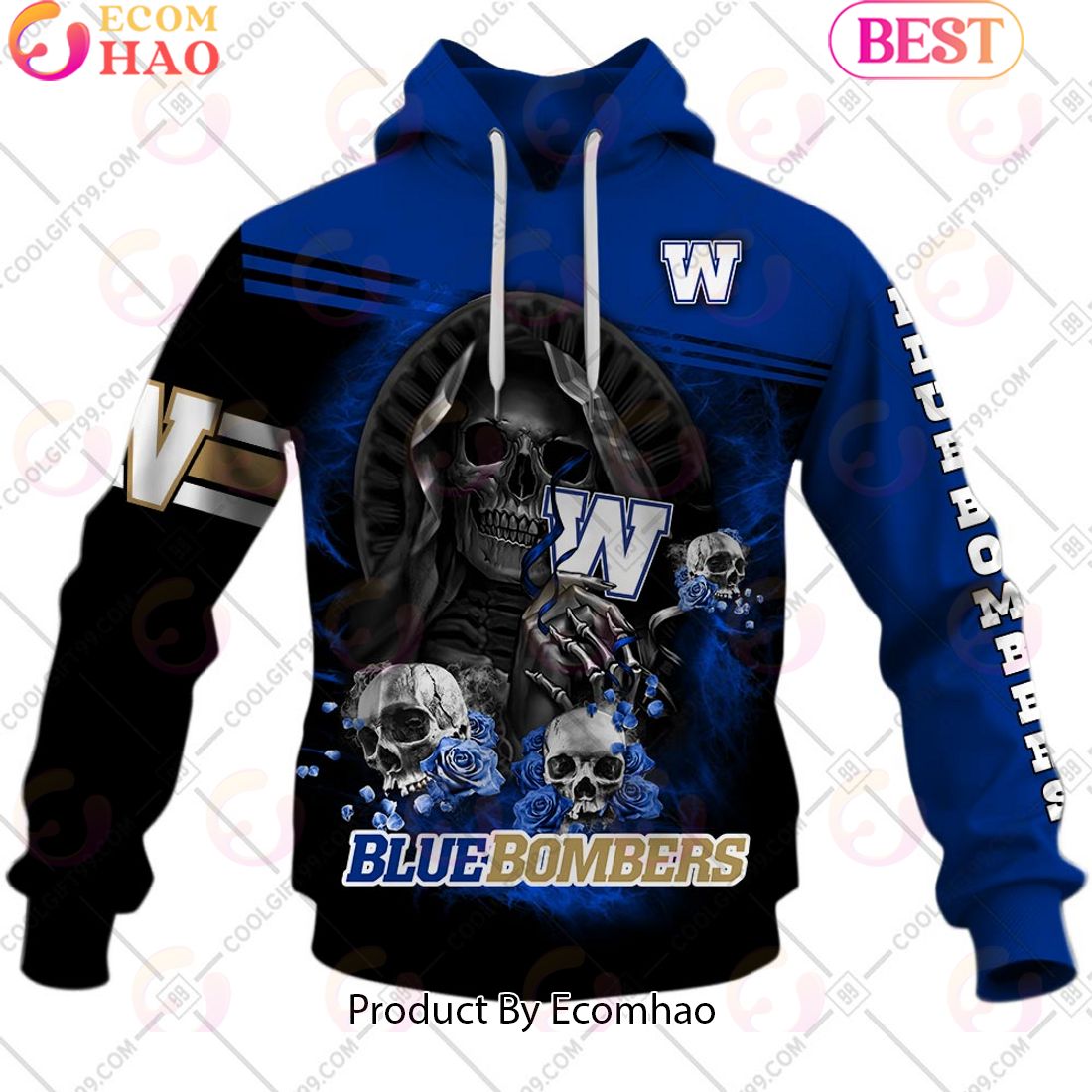 Personalized CFL Winnipeg Blue Bombers Skull Death Art 3D Hoodie