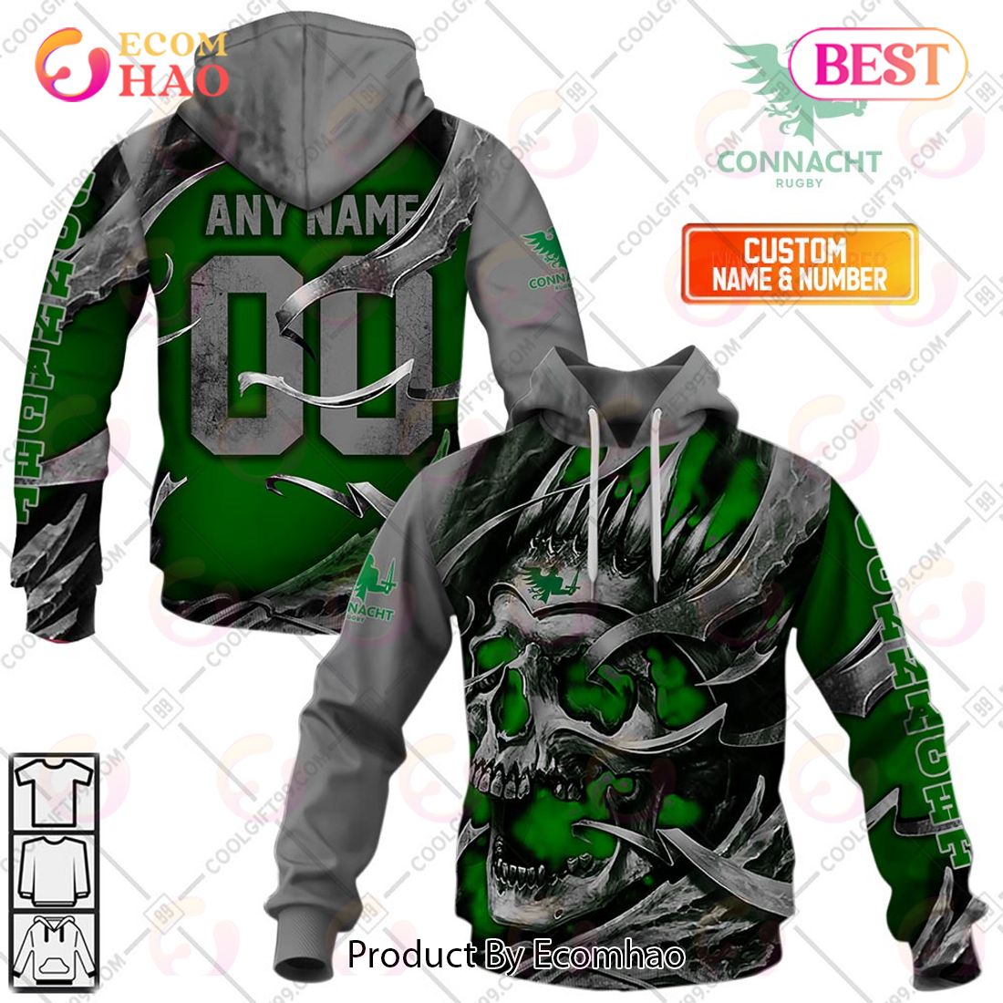 Personalized IRFU Connacht Rugby Metal Skull 3D Hoodie