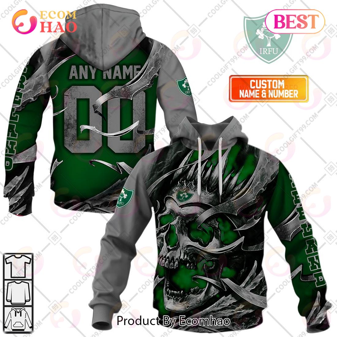 Personalized IRFU Ireland national Rugby Metal Skull 3D Hoodie