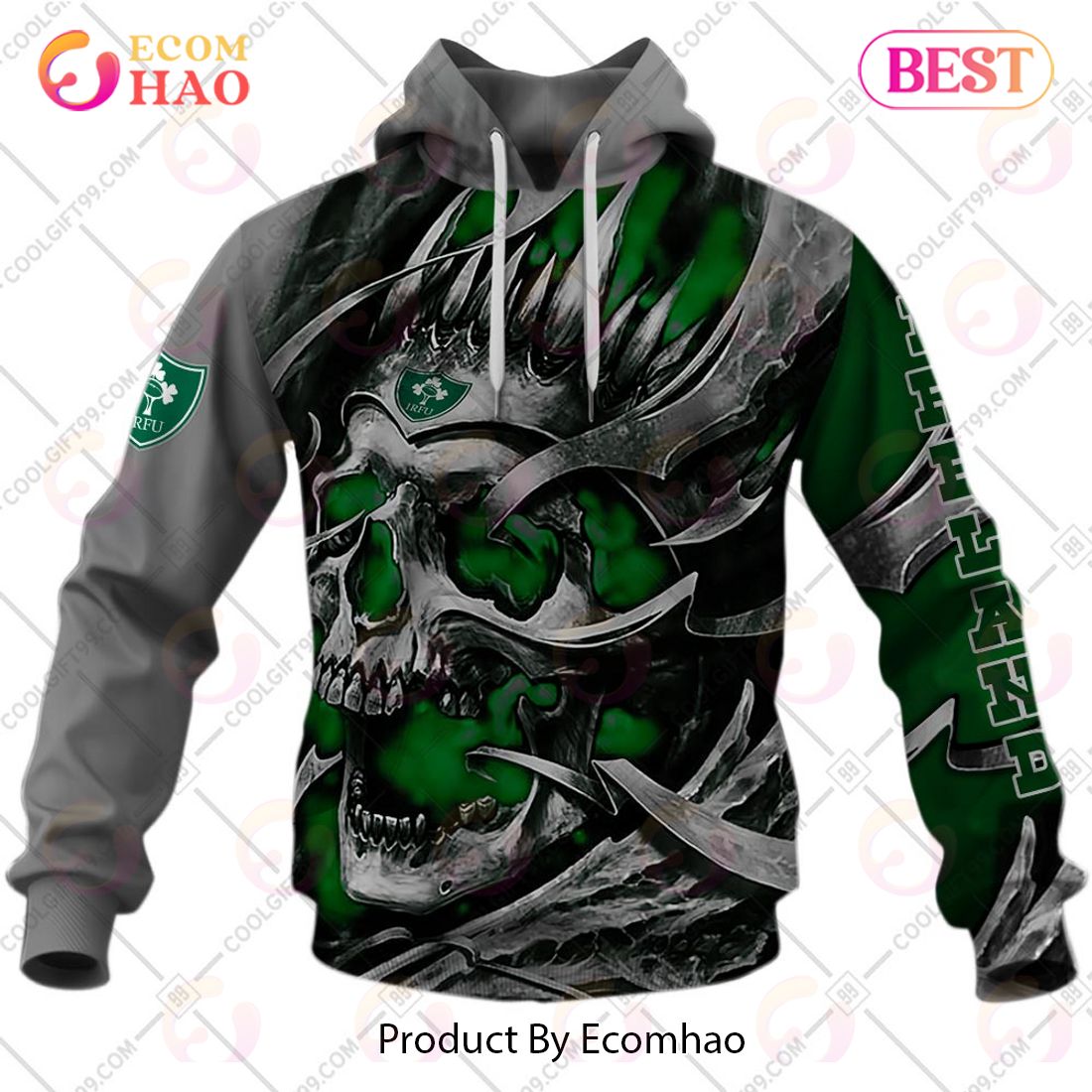 Personalized IRFU Ireland national Rugby Metal Skull 3D Hoodie