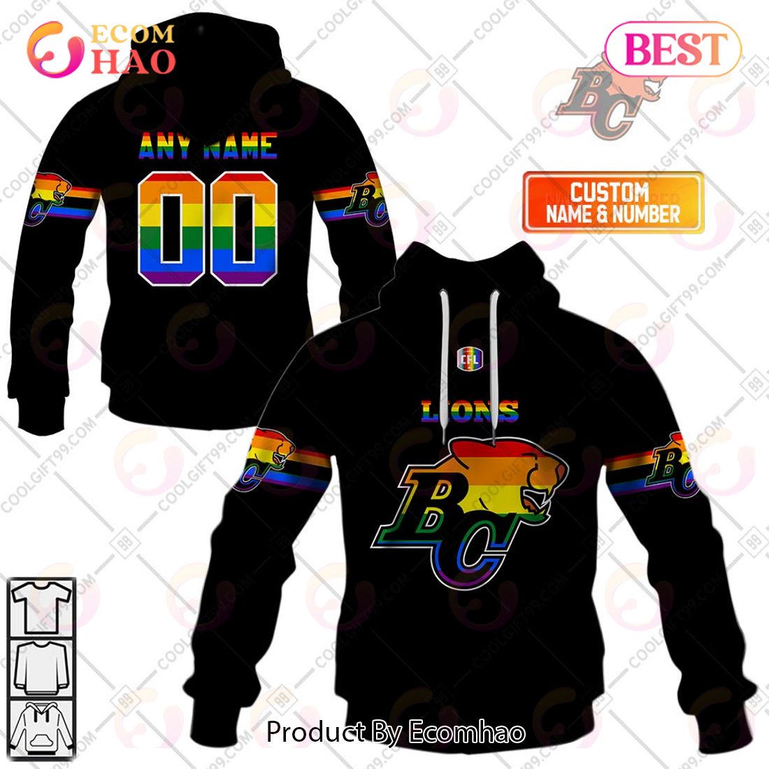 Personalized CFL BC Lions Rainbow Logo Jersey Style 3D Hoodie