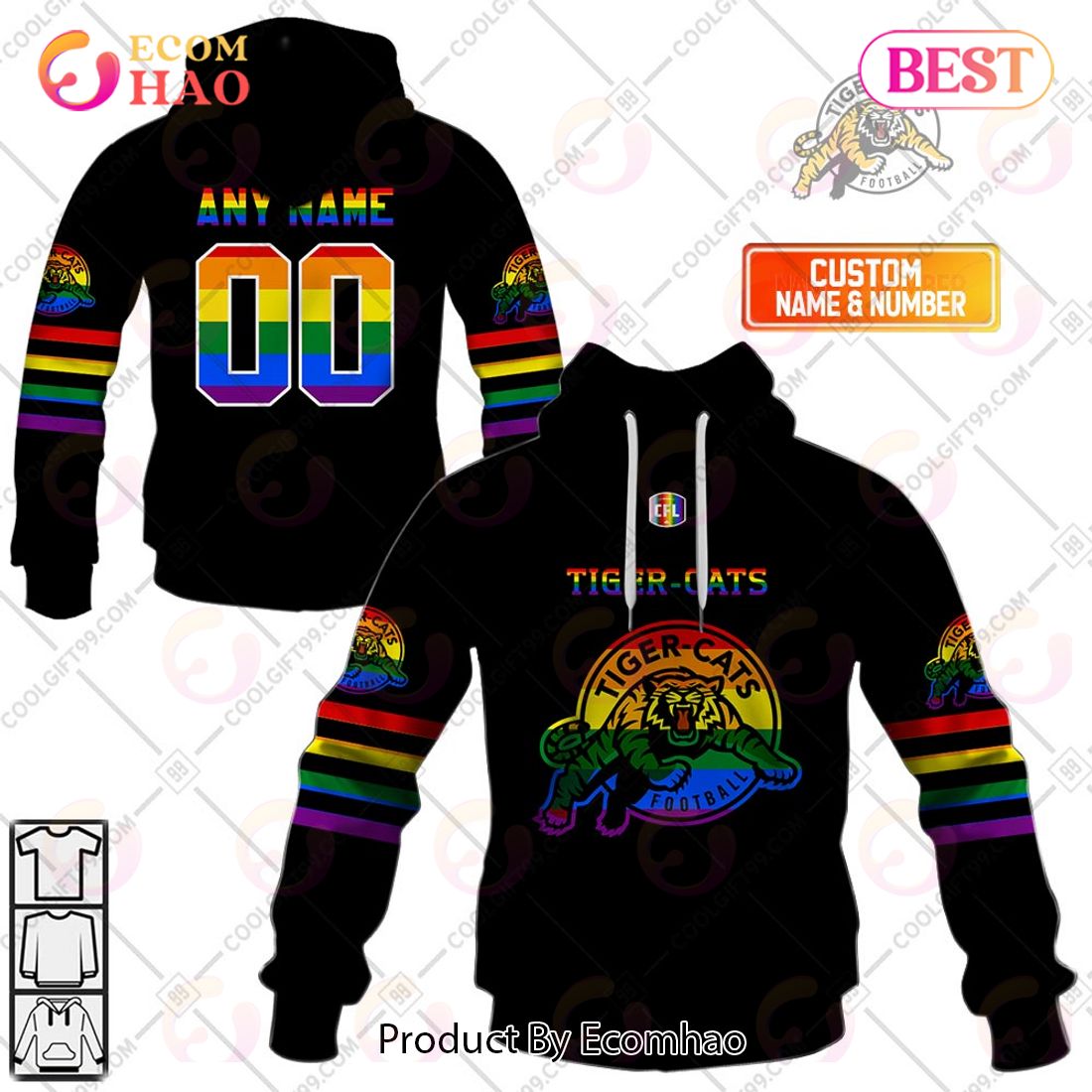 Personalized CFL Hamilton Tiger Cats Rainbow Logo Jersey Style 3D Hoodie