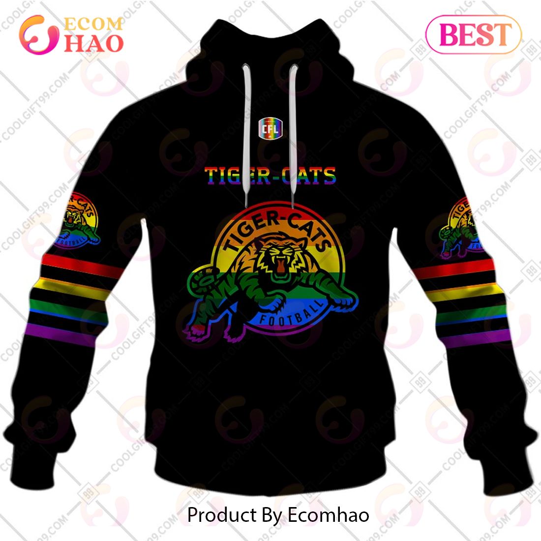 Personalized CFL Hamilton Tiger Cats Rainbow Logo Jersey Style 3D Hoodie