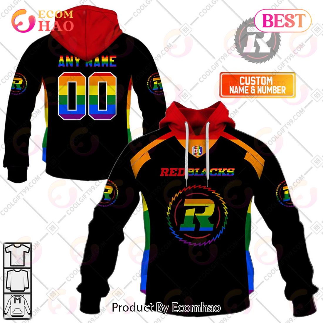 Personalized CFL Ottawa Redblacks Rainbow Logo Jersey Style 3D Hoodie