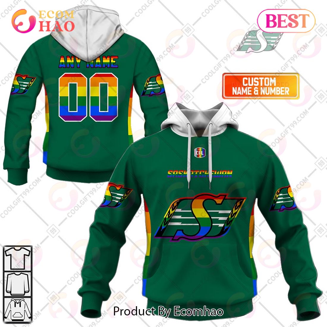 Personalized CFL Saskatchewan Roughriders Rainbow Logo Jersey Style 3D Hoodie