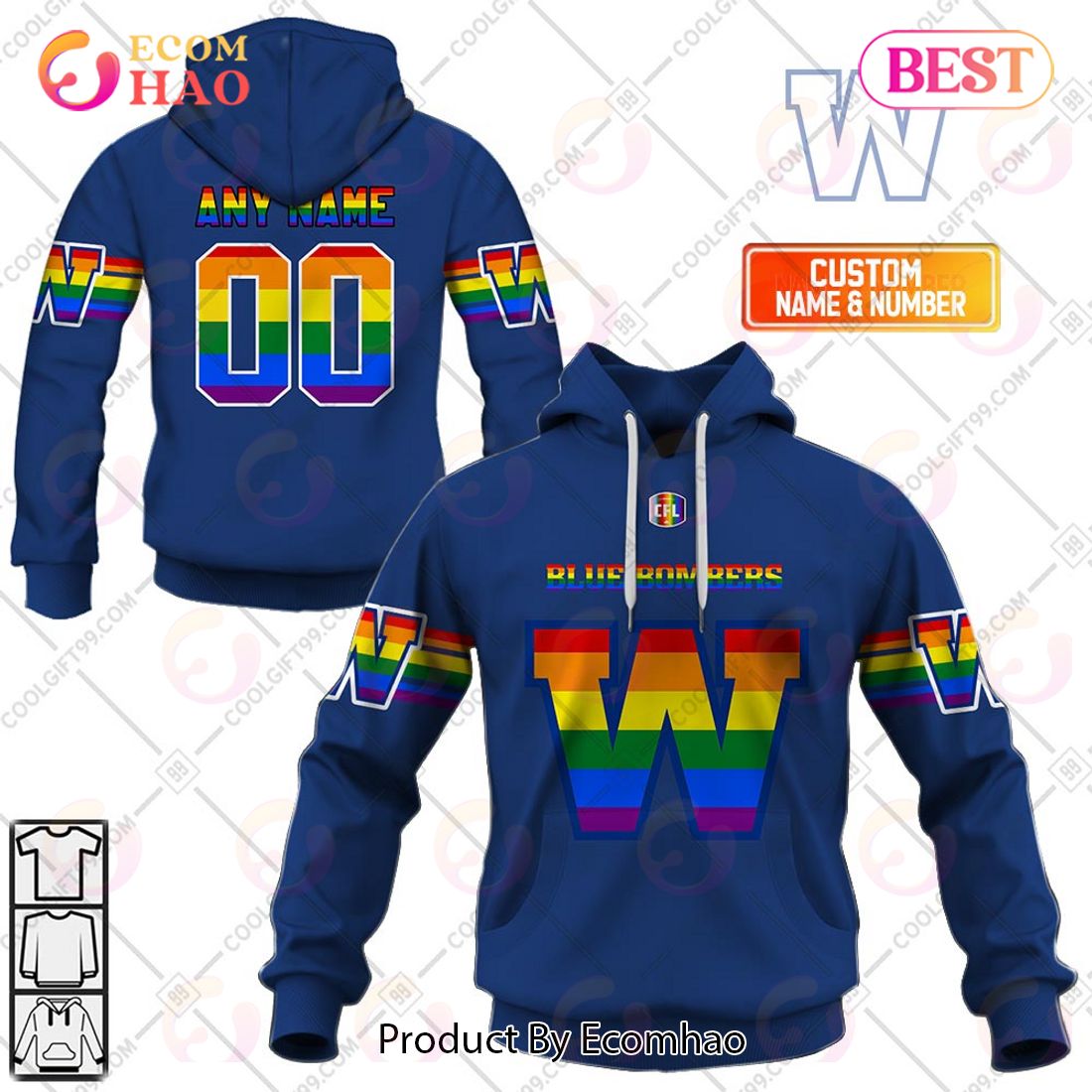 Personalized CFL Winnipeg Blue Bombers Rainbow Logo Jersey Style 3D Hoodie