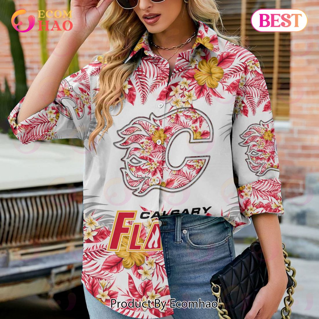 NEW] NHL Calgary Flames Hawaiian Design Woman Casual Shirt