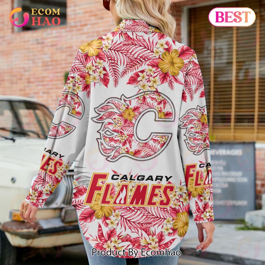 NEW] NHL Calgary Flames Hawaiian Design Woman Casual Shirt