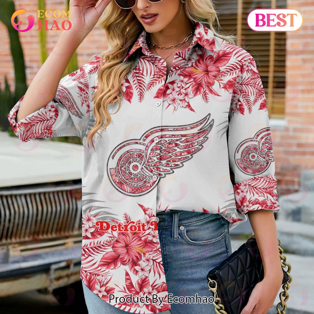 NEW] NHL Detroit Red Wings Hawaiian Design Woman Casual Shirt