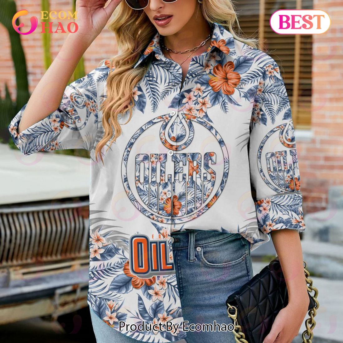 NEW] NHL Edmonton Oilers Hawaiian Design Woman Casual Shirt