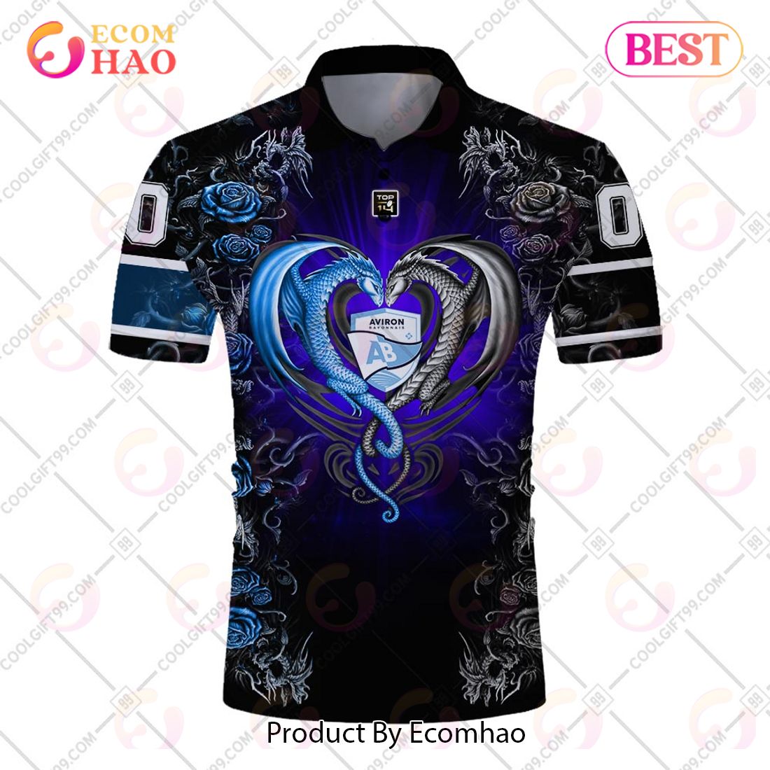 Personalized Aviron Bayonnais Rugby Rose Dragons Design Polo