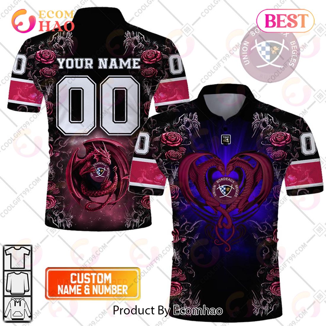 Personalized Bordeaux Begles Rugby Rose Dragons Design Polo