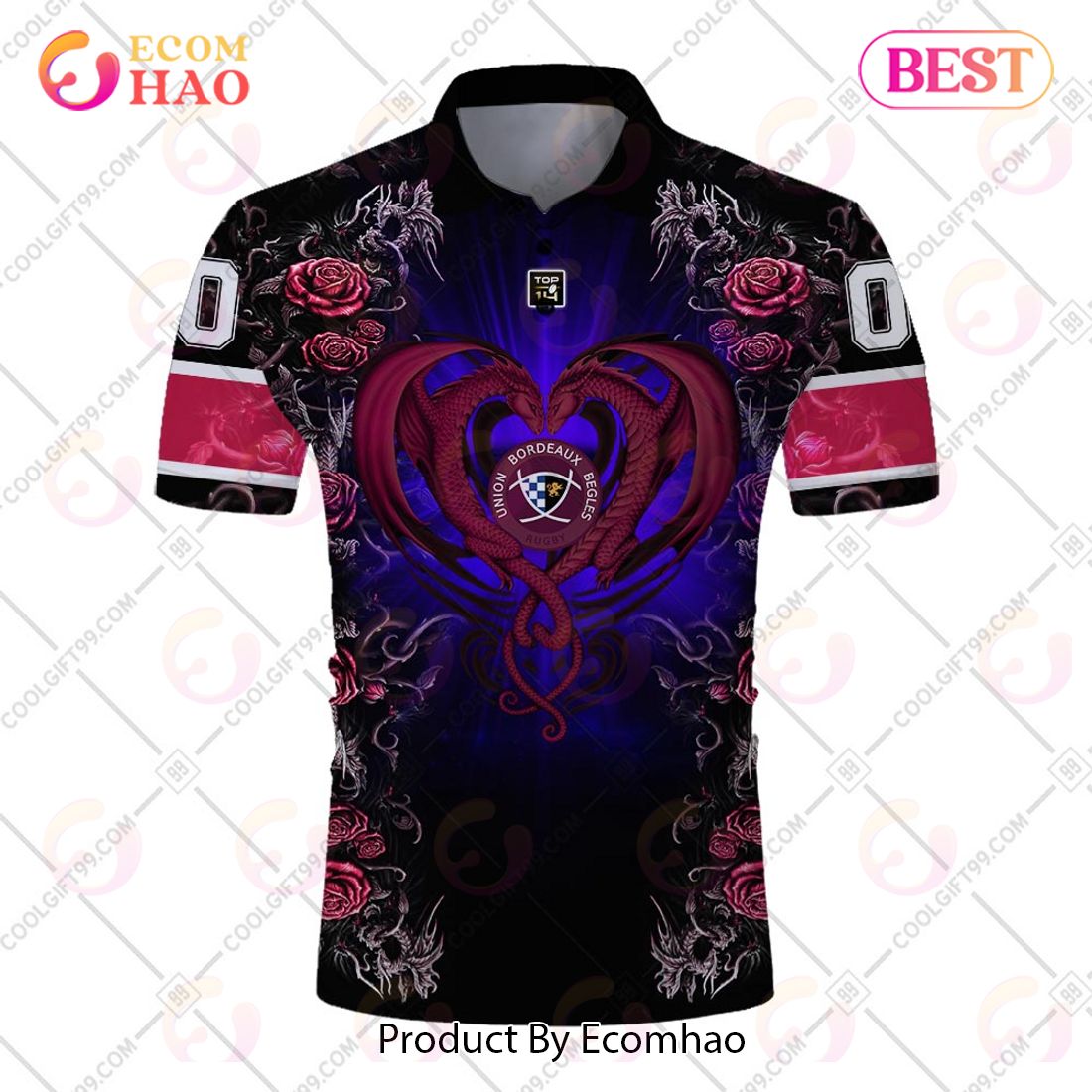 Personalized Bordeaux Begles Rugby Rose Dragons Design Polo