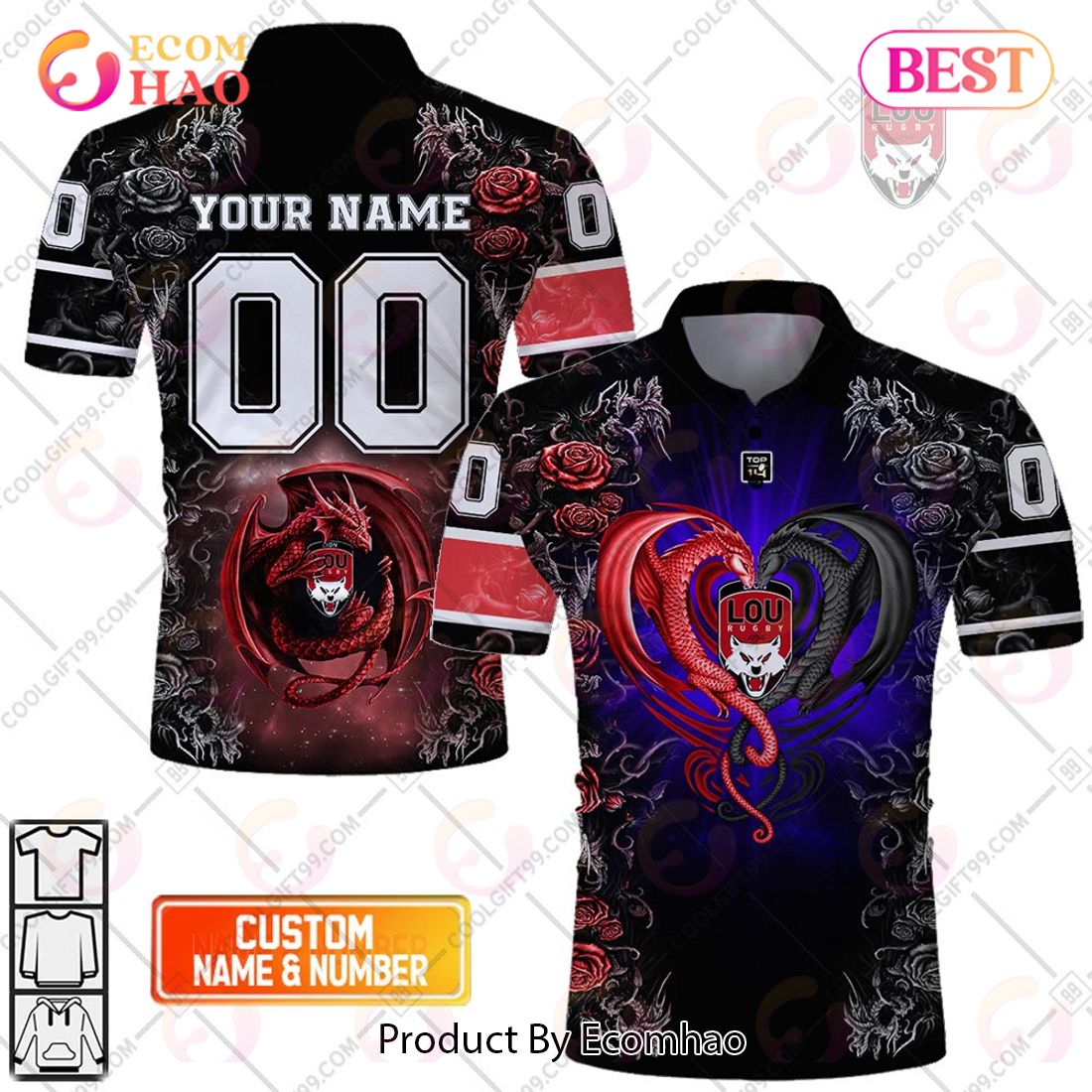 Personalized Lyon LOU Rugby Rose Dragons Design Polo